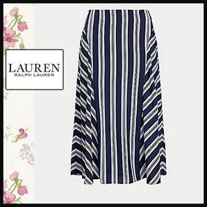 【ローレンラルフローレン】ストライプ フレアスカート紺白 手洗いウォッシャブルLauren Ralph Laurenゆったりサイズ 4サイズ 匿名発送