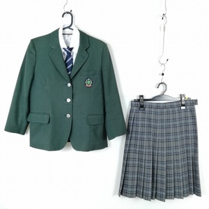 1円 ブレザー チェックスカート ネクタイ 上下4点セット 冬物 女子 学生服 東京三鷹第五中学 緑 制服 中古 ランクC EY0031