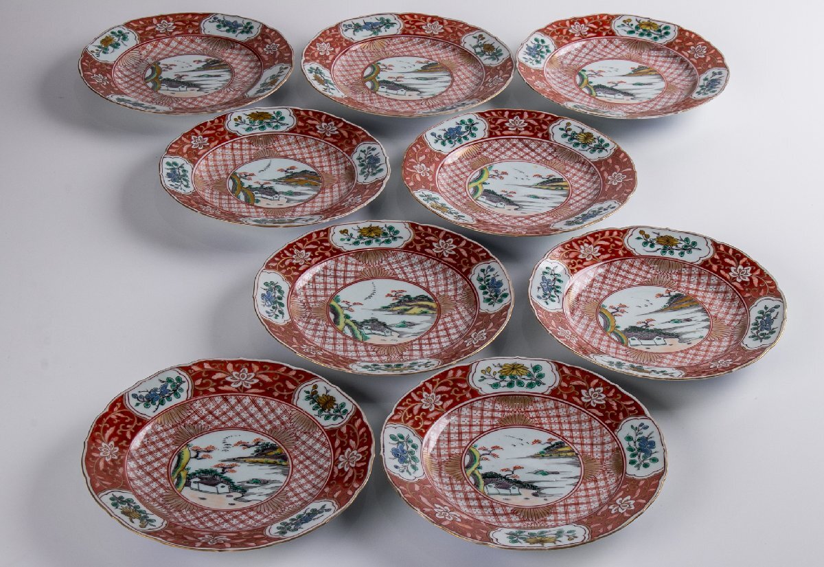 「幕末〜明治期」の【古伊万里 七寸皿】4枚セット　※アンティーク　骨董品 古伊万里 赤錦染付七寸皿4客 大皿/中皿/骨董品/アンティーク
