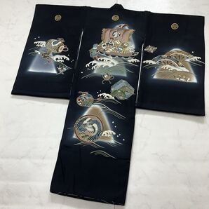 kimono+one◆未使用同然◆産着◆お宮参り◆正絹手描き友禅◆襦袢付◆仕付け糸付◆五つ紋◆七五三◆3歳用男の子着物◆こどものひお正月Y97