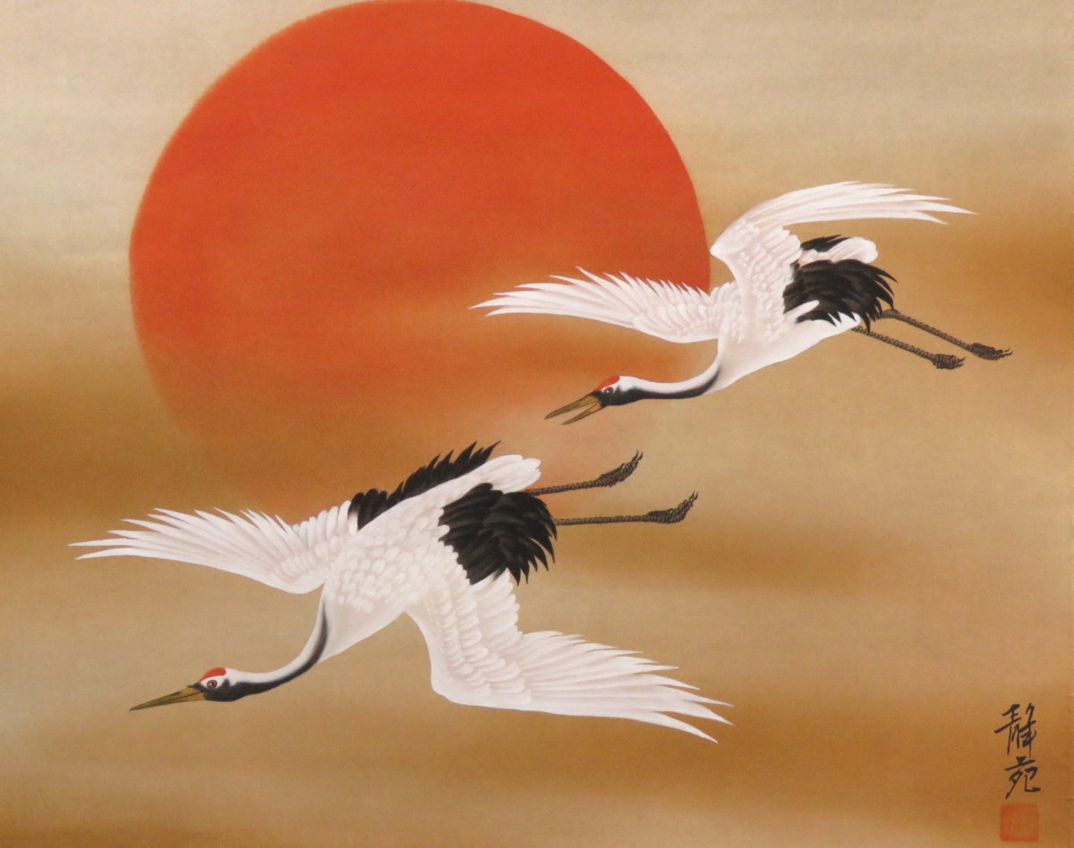 【美品】掛け軸 掛軸 日本画 旭日飛鶴 村山静苑 木箱付き　茶軸 美品】掛け軸 掛軸 日本画 旭日飛鶴 村山静苑 木箱付き 茶軸