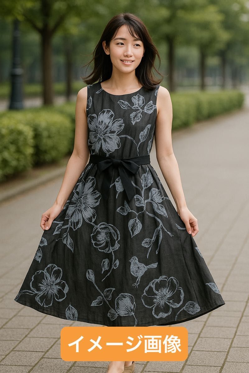 新品未使用　M〜L 花柄グレーロングワンピース 取外可ベルト付き　麻入　韓国製