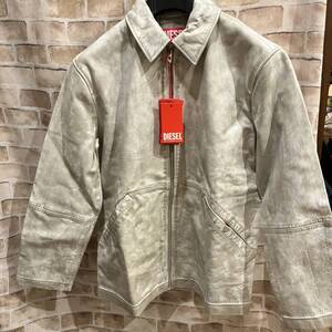 ★新品未使用/DIESEL/価格147400円★タグ付 メンズ DIESEL オーバルディー ロゴ チャーム 本革 レザージャケット ホワイトグレー 46