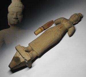 緑屋i■ 時代物 クメール 石彫 砂岸 ターラー像 女神立像 仏像 高約41cm カンボジア仏教美術 i9/0925-3/24-4#80