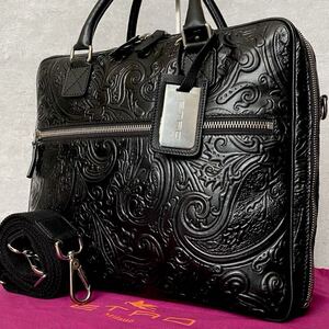極美品/A4収納●ETRO エトロ メンズ マルゴット トートバッグ 肩掛け ビジネスバッグ 2way 斜め掛け ショルダー レザー 本革 ペイズリー 黒