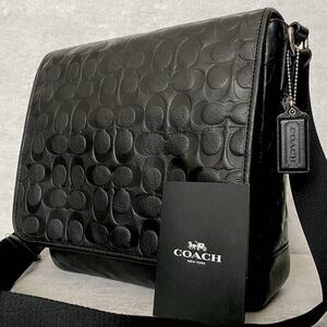 極美品●COACH コーチ ショルダーバッグ メッセンジャーバッグ ビジネス レザー 本革 エンボス デカロゴ 総柄 肩掛け メンズ ブラック 黒