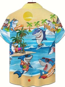 サイズ XXL 南国 サメのバカンス デザイン メンズ 半袖 ハワイアン アロハシャツ 大きいサイズ 2・960