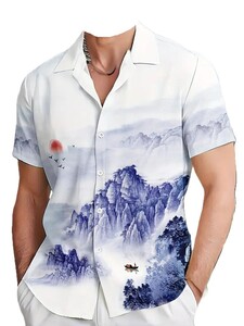 サイズ XXXL 美しい 山々の風景 デザイン メンズ 半袖 ハワイアン アロハシャツ 大きいサイズ 3・020