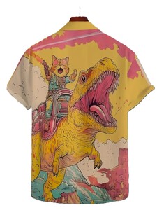 サイズ XXXL イエロー ネコと恐竜 デザイン メンズ 半袖 ハワイアン アロハシャツ 大きいサイズ 0・633
