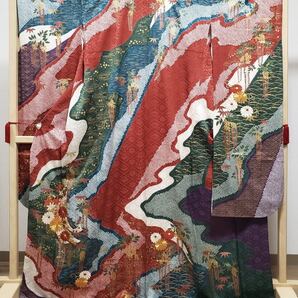 H 美品 振袖 流れに吉祥文様 金彩 金駒刺繍 絞り 菊 露草 藤 笹 紅葉 青海波 菱形 袷 正絹 成人式 着物 送料無料 仕立て上がり リサイクル