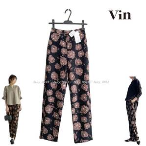 新品【送料無料】定価16000円■スコットクラブ Vin ヴァン■ニュアンス花柄プリント...♪スリット裾☆テーパードパンツ BK