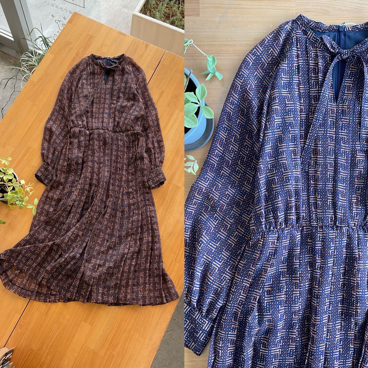 【美品】アナイ Vネック ノースリーブワンピース Aライン 36 総柄 ブラウン 美品】アナイ Vネック ノースリーブワンピース Aライン 36 総柄