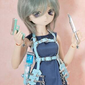 千葉DOLL工房 1/4ドール MDD L胸 血液バック もちあし レザー エッチベルト 胸部ベルト 本革製 ナイフ コバルト系の色 銀 銃 星 M胸