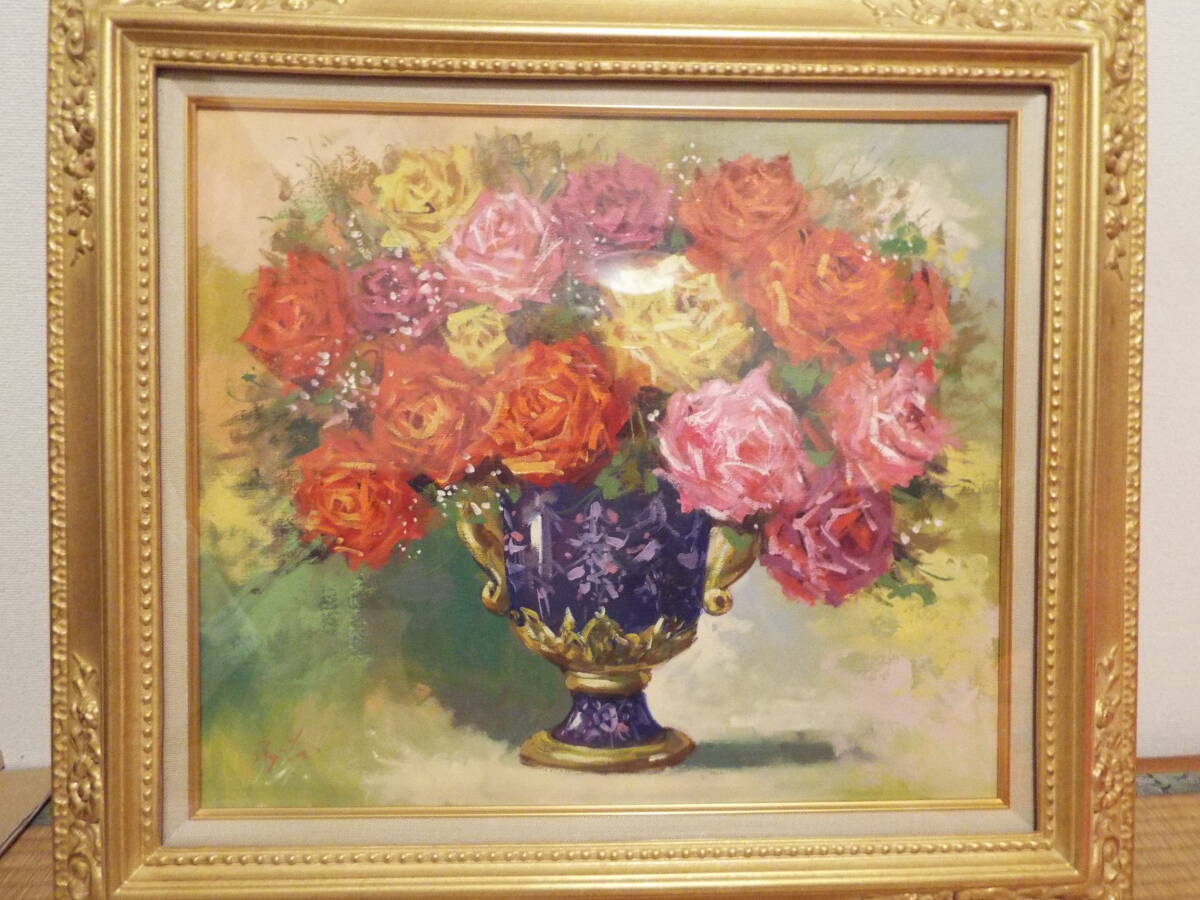 日動画廊取扱　萩谷巌　直筆サイン『ばら』キャンヴァスに油彩 15号 0418L 日動画廊取扱 萩谷巌 直筆サイン『ばら』キャンヴァスに油彩 15