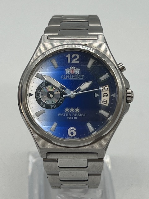 稼働ORIENT スリースター自動巻き腕時計 青文字盤 21ジュエル　オシャレ 稼働ORIENT スリースター自動巻き腕時計 青文字盤 21ジュエル