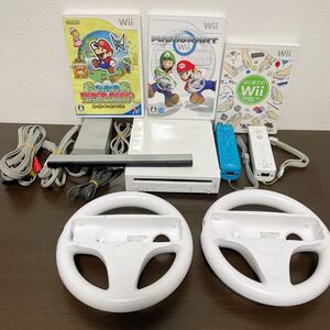 【中古/動作確認済】Wii 本体 ソフト3本セット 任天堂 Wiiハンドル リモコン マリオカート ペーパーマリオ すぐに遊べるセット★A2509-0195