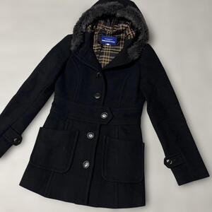 極美品 BURBERRY LONDON BLUE LABEL バーバリー ブルーレーベル ノバチェック カシミヤ混 ラビットファー ミドル丈 M リアルファー