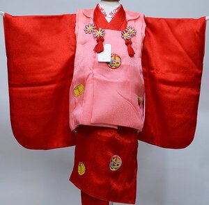 七五三 三歳 女児 正絹 被布着物フルセット 赤色×ピンク 半衿伊達襟付き 3才 3歳 三才 祝着 お仕立て無料 新品 (株) 安田屋 NO38648