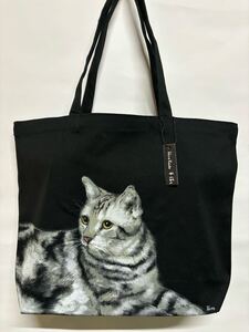 手描きイラストネコちゃん キャンバストートバッグ ハンドメイド クロ アメショー