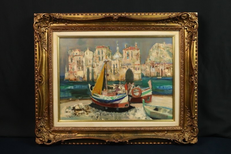 額装／ニチガク　油絵　直筆「夕暮れの漁港」サインあり 額装／ニチガク 油絵 直筆「夕暮れの漁港」サインあり 額装