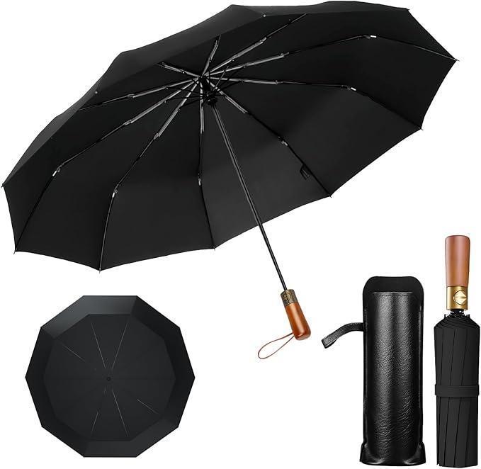 【高級感】折たたみ傘 天然木ハンドル　10本骨　ブラック　自動開閉　晴雨兼　遮光