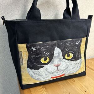 ねこ Face(白黒色)ポケット いっぱい 帆布 ネコ 猫 ブラック 黒 トートバッグ hand made ハンドメイド 斜め掛け用Dカン付きショルダー可