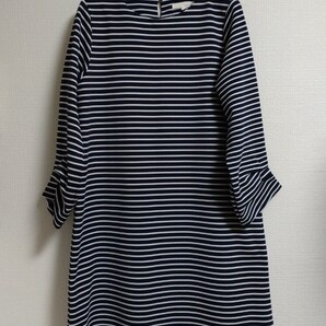 「pink adobe・ピンクアドベ」紺白 ボーダー膝丈ワンピース・Lサイズ