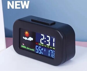 LED カラーデジタル 目覚まし時計 温度計 湿度計カレンダー ホワイト 電池付き! ブラック 新品! 送料無料