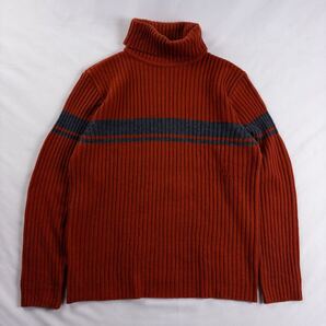 US Vintage 90s NEW FASHION アクリル ウール タートルネック ハイネック 立体 3D リブ編み ボーダー レンガ 弁柄 赤茶 デザインニット