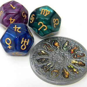 ◆ 十二星座 太陽 月 メダル & アストロダイズ(3個) 星座・惑星・ハウス 12面サイコロ ★ 送料無料 ★