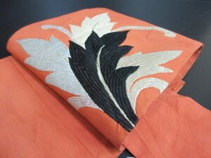1円 中古 名古屋帯 正絹 和装 和服 アンティーク 草花 六通柄 お洒落 九寸帯 長さ353cm【夢職】★