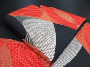 1円 良品 正絹 開き名古屋帯 和装 和服 幾何学抽象 檜垣文 お洒落 八寸帯 長さ357cm【夢職】★