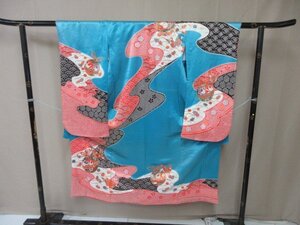1円 良品 女児 子供着物 化繊 七五三 和装 和服 アンティーク 道長 芝草 四季花 鈴 折鶴 高級 袷 身丈131cm 裄57cm【夢職】★