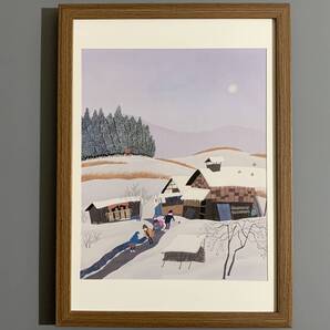 ■原田泰治■「新しい年 1995」/A4額装品/山形県西村山郡西川町/「すこやかファミリー」表紙/貴重イラスト/印刷物/インテリア G3592
