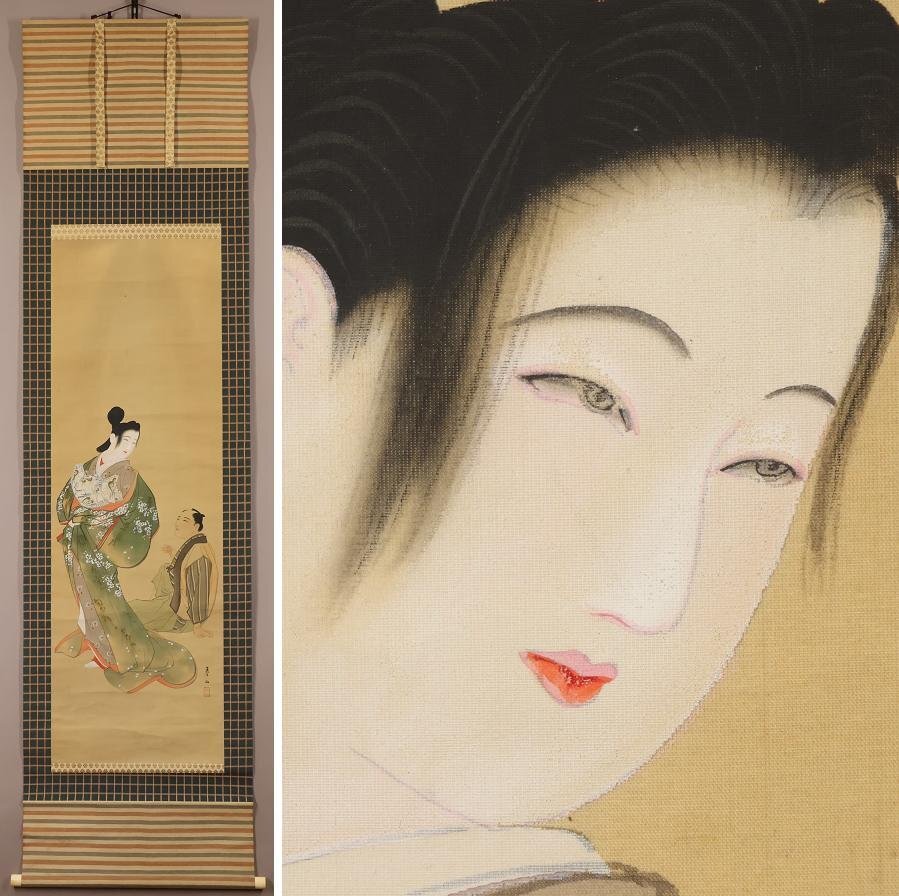 美人画絹本掛軸箱入り [B25756] Yahoo!オークション - 【五】北野以悦 美人画 真作 絹本 彩色