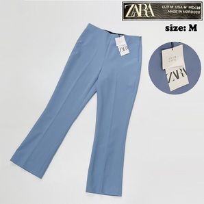 ZARA /M/ ブルー フレアパンツ スラックス レディース タグ付き オフィスカジュアル ボトム 通勤大人可愛い生地ストレッチ フォーマル ザラ
