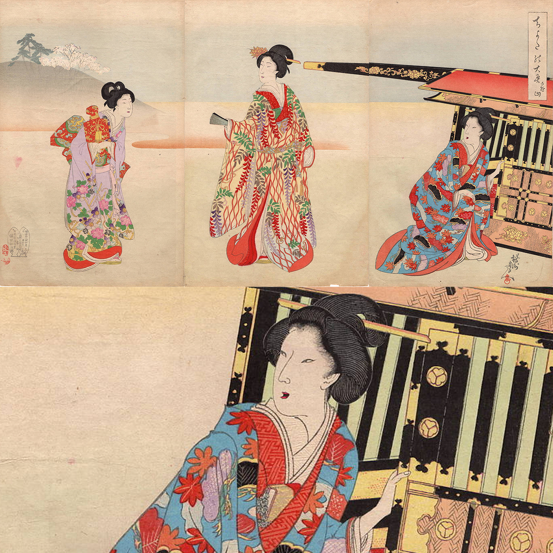 江戸時代 浮世絵 版画 三枚続 江戸の花旭三個 三枚続 （役者絵） | 山星書店 浮世絵 Yamaboshi