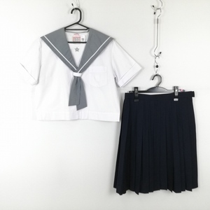 1円 セーラー服 スカート 上下2点セット 175A 大きいサイズ 夏物 白1本線 女子 学生服 鹿児島大姶良中学 白 制服 中古 ランクC EY1604