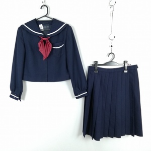 1円 セーラー服 スカート スカーフ 上下3点セット 165A 富士ヨット 冬物 白1本線 女子 学生服 中学 高校 紺 制服 中古 ランクC EY0727