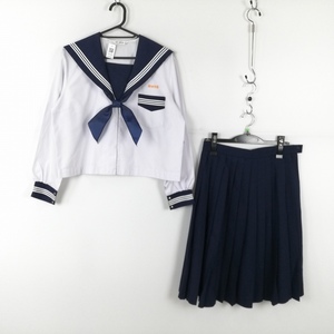 1円 セーラー服 スカート スカーフ 上下3点セット 大きいサイズ 富士ヨット 中間服 白3本線 女子 宮崎新田中学 白 中古 ランクC EY1626