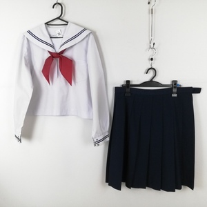 1円 セーラー服 スカート 3点セット 大きいサイズ 特大 中間服 青2本線 女子 学生服 中学 高校 白 森英恵 制服 中古 ランクC EY1717