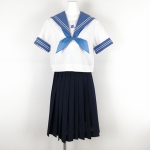 1円 セーラー服 スカート スカーフ 上下3点セット 夏物 白2本線 女子 学生服 熊本菊鹿中学 白 制服 中古 ランクC EY1985