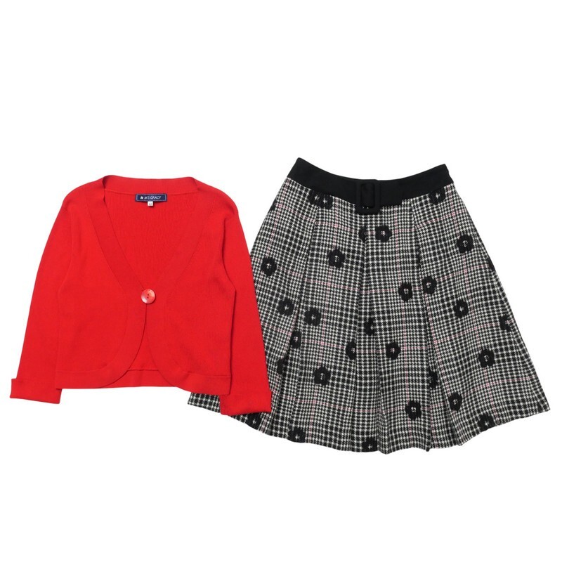 美品　エムズグレイシー　赤　フレアスカート リボン　ひざ丈　38 美品 エムズグレイシー 赤 フレアスカート リボン ひざ丈 38