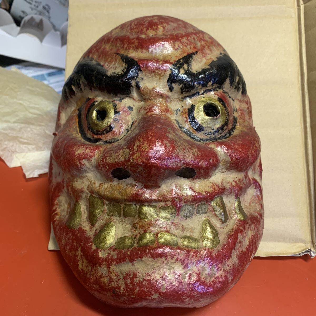古手特大 魔除け 般若 釜神 一刀彫 お面 郷土玩具 木彫り 信仰玩具 農民美術 古手特大 魔除け 般若 釜神 一刀彫 お面 郷土玩具 木彫り 信仰