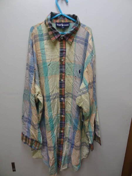 送料無料 レア!! アメリカUSA古着 MADE IN USA ポロ ラルフローレン POLO RALPHLAUREN レディース チェック切り替えロング丈長袖シャツ M