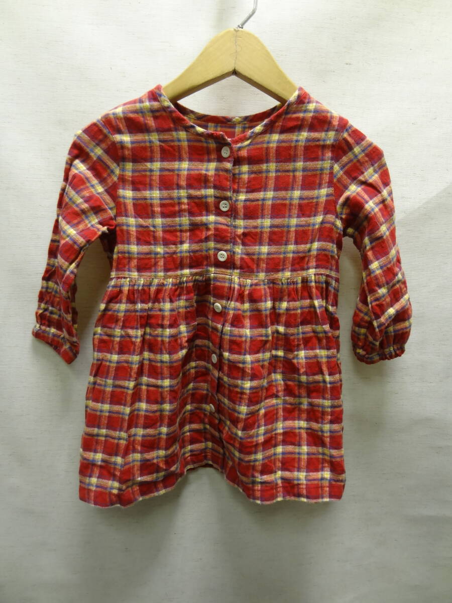 全国送料無料 ユニクロ UNIQLO 子供服キッズベビー女の子 襟無しライトネルチェック素材 長袖 ワンピース チュニック 90