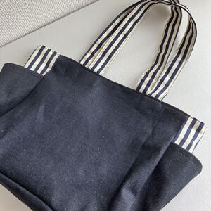 ハンドメイド デニムのトートバック ショルダー 両サイドに外ポケット