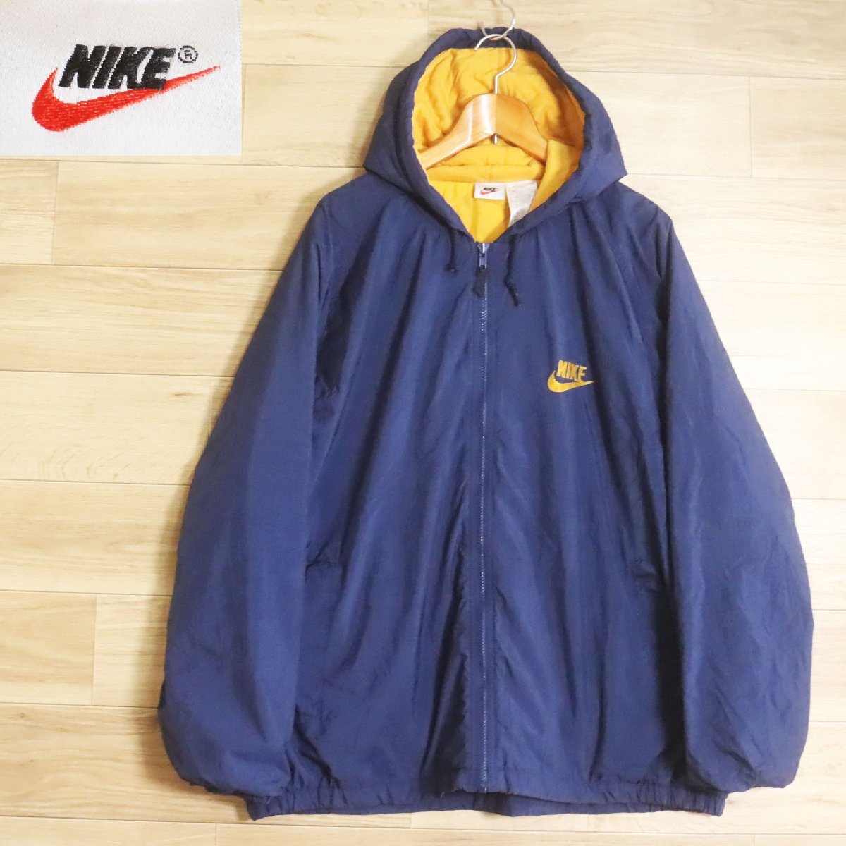 【激レア】90s アメリカ製 ナイキ 刺繍 パーカー フーディー ネイビー L NIKE - NIKE ナイキ 90s 00s ネイビー スウェット フーディー