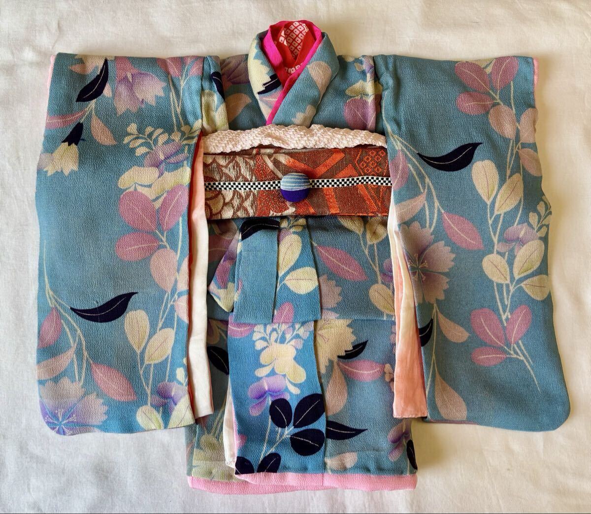 ＊ 市松人形 12号 単衣 縦絽縮緬 アンティーク 着物 帯 市松人形 12号 単衣 紗袷 アンティーク 着物 帯＊