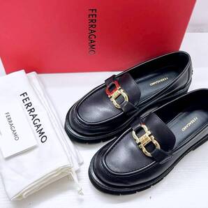現行 美品 Salvatore Ferragamo フェラガモ ガンチーニ モカシン コインローファー 黒 ゴールド 51/2 01H682 769287